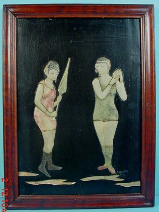 Antique Chinese Black Lacquered Wood & Soapstone ‘bathing Beauties’ Wall Art