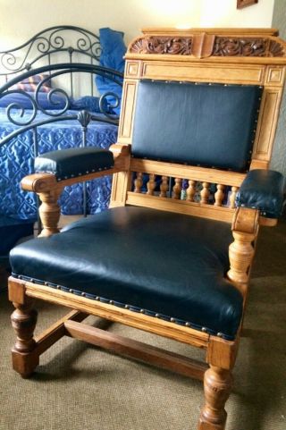 Chair Carved Oak Black Leather Furniture Old World Throne Style