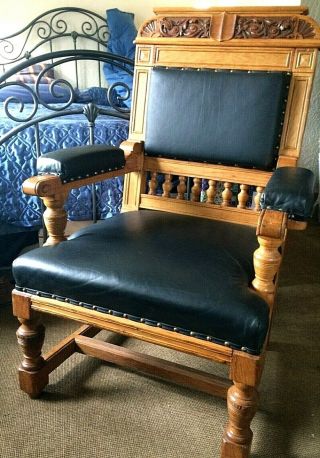 Chair Carved Oak Black Leather Furniture Old World Throne Style 3