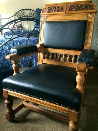 Chair Carved Oak Black Leather Furniture Old World Throne Style 6