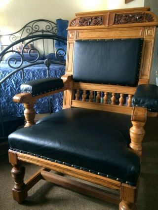 Chair Carved Oak Black Leather Furniture Old World Throne Style 8