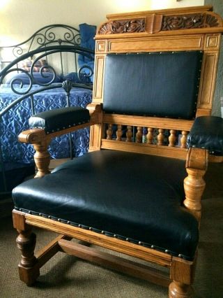 Chair Carved Oak Black Leather Furniture Old World Throne Style 9