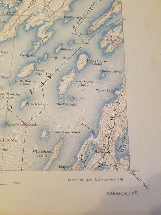 1918 u.  s.  Geological Survey map Freeport Maine sheet 20x16.  5 Brunswick,  Casco Bay 5