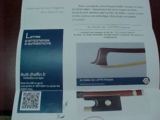 French Old Violin Bow N.  Laury A Paris By Francois Lotte Raffin Certificate