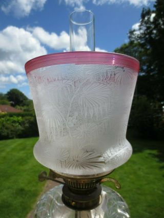 Antique Victorian Cranberry Crystal Etched Duplex Oil Lamp Shade & Chimney