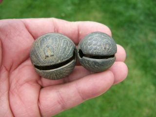 2 x 16th/17th Century Bronze Crotal Bells with Horseshoe Foundry Marks 2