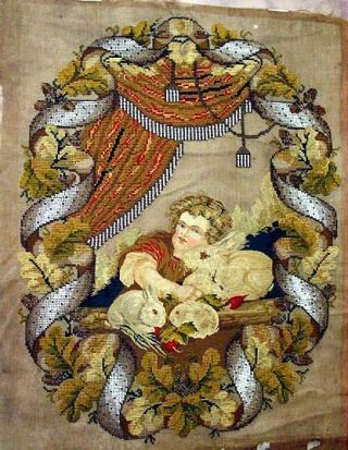 Lovely Victorian Needle,  Petit Point & Bead Tapestry 19 " X 25 " Child W/ Bunnies