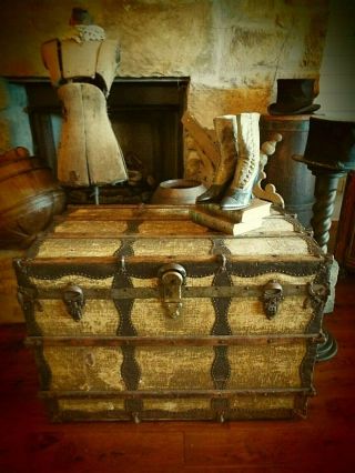 Antique Flat Top Trunk With History - Unbelievable Hardware And Patina