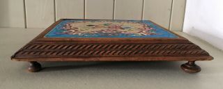 Antique French Ceramic Tile & Hand Carved Wood Edged Trivet / Hot Pad 2