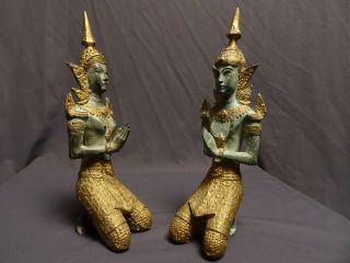 ANTIQUE BRONZE BUDDHIST THAI ANGELS ' TEPPANOM ' KNEELING NAMASTE STATUES 19th C. 2