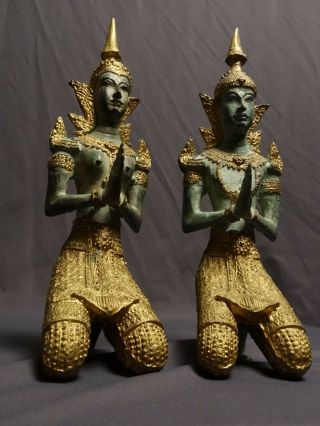 ANTIQUE BRONZE BUDDHIST THAI ANGELS ' TEPPANOM ' KNEELING NAMASTE STATUES 19th C. 3