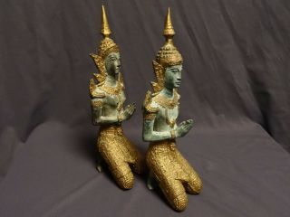 ANTIQUE BRONZE BUDDHIST THAI ANGELS ' TEPPANOM ' KNEELING NAMASTE STATUES 19th C. 5