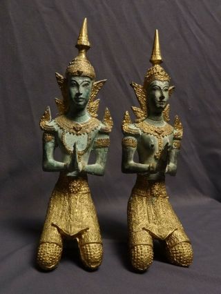 ANTIQUE BRONZE BUDDHIST THAI ANGELS ' TEPPANOM ' KNEELING NAMASTE STATUES 19th C. 6