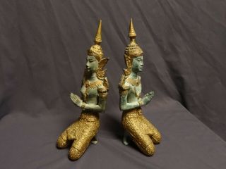 ANTIQUE BRONZE BUDDHIST THAI ANGELS ' TEPPANOM ' KNEELING NAMASTE STATUES 19th C. 9