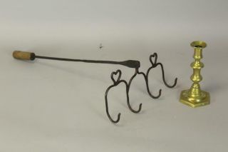 A Very Rare 18th C Heart Decorated Wrought Iron Fish Roaster With A Long Handle