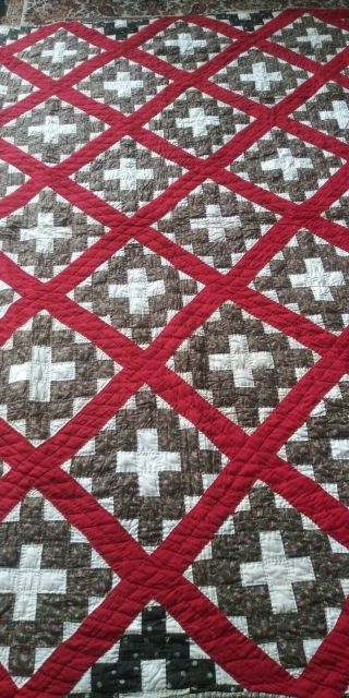 Hand Stitched 81n X 88 Quilt,  Colors Of Red,  Brown,  And White.