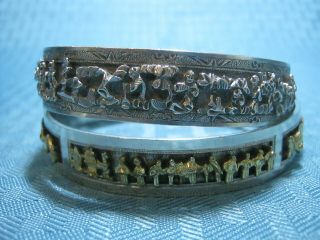 Pair Antique Chinese Export Gold Silver 3d Story Teller Bracelet Cuff Marked