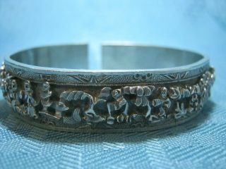 Pair Antique Chinese Export Gold Silver 3D Story Teller Bracelet Cuff Marked 6