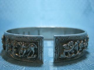 Pair Antique Chinese Export Gold Silver 3D Story Teller Bracelet Cuff Marked 7