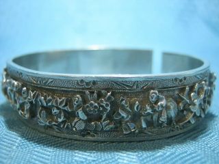 Pair Antique Chinese Export Gold Silver 3D Story Teller Bracelet Cuff Marked 8
