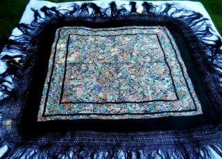 Antique Chinese Canton Lavish Embroidered Silk Piano Shawl Throw Pictorial
