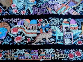ANTIQUE CHINESE CANTON Lavish EMBROIDERED SILK PIANO SHAWL Throw pictorial 3