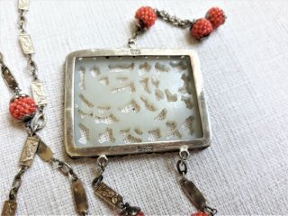VINTAGE ANTIQUE CHINESE CARVED JADE NECKLACE CORAL SILVER SIGNED LIU 7