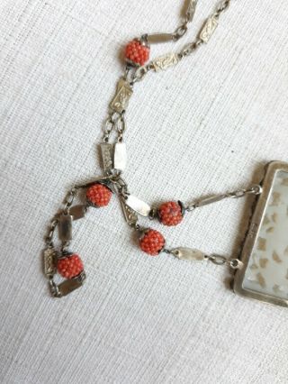 VINTAGE ANTIQUE CHINESE CARVED JADE NECKLACE CORAL SILVER SIGNED LIU 8