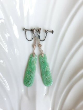 VINTAGE ANTIQUE CHINESE CARVED JADE EARRINGS TINY SEED PEARLS 2