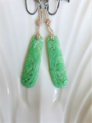 VINTAGE ANTIQUE CHINESE CARVED JADE EARRINGS TINY SEED PEARLS 3