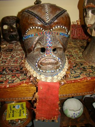 Antique African Mask Kuba Bwoom Royal Helmet Beaded Congo Art