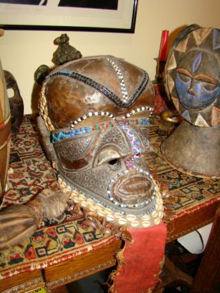 Antique African Mask Kuba Bwoom Royal Helmet Beaded Congo Art 2