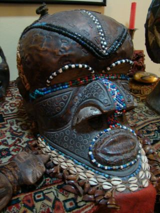 Antique African Mask Kuba Bwoom Royal Helmet Beaded Congo Art 3