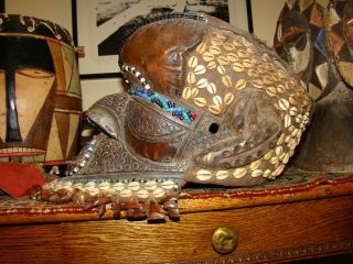 Antique African Mask Kuba Bwoom Royal Helmet Beaded Congo Art 8