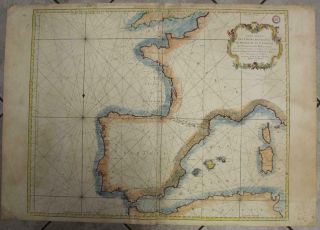 Spain Portugal & France 1771 Bellin Wall Antique Copper Engraved Sea Chart