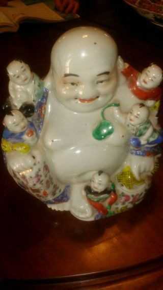 Antique Vintage Chinese Famille Rose Porcelain Buddha with Children 8