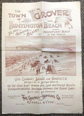 Vintage C1887 Town Of Grover & Huntington Beach Ca Real Estate Promo Flyer,  Map