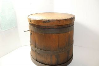 Antique Wooden Firkin Sugar Bucket Bail Handle 10x10 Blacksmith Iron Bands 1800s