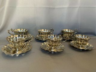 Six Antique French Sterling Silver 950 Coffee Tea Cups & Saucers.  J.  F.  Veyrat.