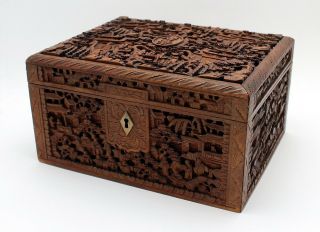 Fine Antique 19th C.  Chinese Cantonese Hand Carved Sandalwood Jewelry Box
