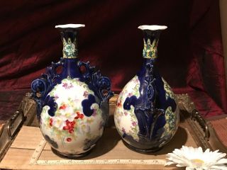 Two Antique Victorian Porcelain Vase Colbalt Blue,  Sail Boat & Flower Design 12