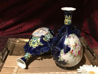 Two Antique Victorian Porcelain Vase Colbalt Blue,  Sail Boat & Flower Design