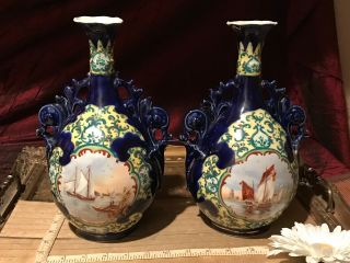 Two Antique Victorian Porcelain Vase Colbalt Blue,  Sail Boat & Flower Design 2
