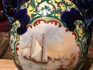 Two Antique Victorian Porcelain Vase Colbalt Blue,  Sail Boat & Flower Design 6