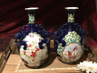 Two Antique Victorian Porcelain Vase Colbalt Blue,  Sail Boat & Flower Design 8