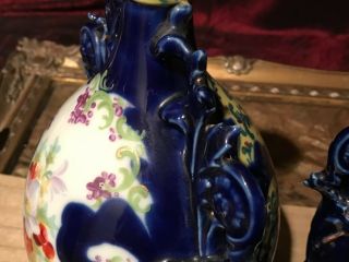 Two Antique Victorian Porcelain Vase Colbalt Blue,  Sail Boat & Flower Design 9