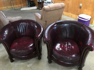 old hickory tannery burgundy leather ball and claw round club loundge chairs 2