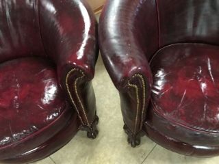 old hickory tannery burgundy leather ball and claw round club loundge chairs 4