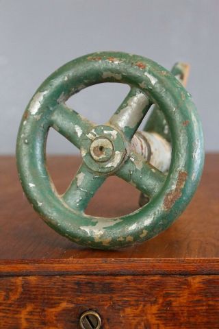 Vintage Cast Iron Hand Crank Wheel Green Handle Industrial Machine Age Repurpose 2