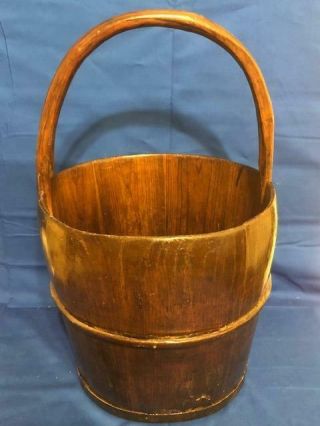 Vintage Large 11 1/2 " Wooden Water Gathering Bucket Wood Handle Metal Band